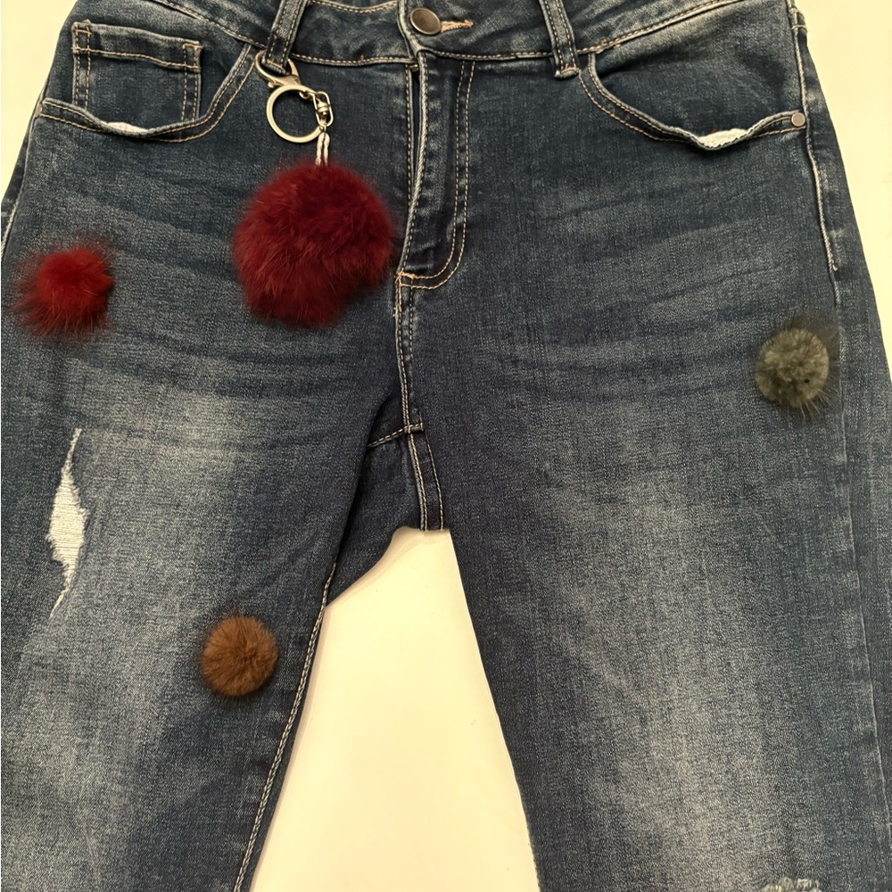 CHARLIE B Distressed Blue Jeans with Pom Pom Accents - Picture 4 of 7